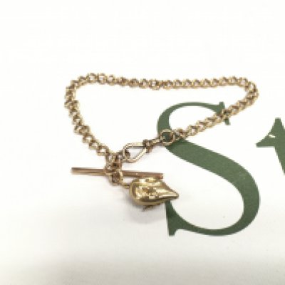 A 9ct gold half Albert chain with t bar and mouse pendant. Approx weight 15 grams.