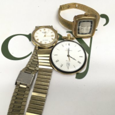 Two wrist watches and one fob watch.