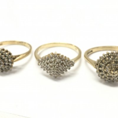 9ct gold diamond cluster rings , 7.3G total weight. Postage cat a