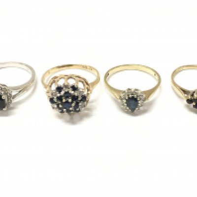 9ct gold sapphire and diamond cluster rings , 9.3G total weight. J/k, p, o, k/l. Postage category A