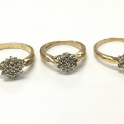 9ct gold diamond cluster rings , 6.8g total weight. Postage catA