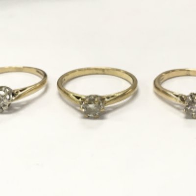 9ct gold diamond solitaire rings, 4.7g total weight. Size I, N, L. Postage category a