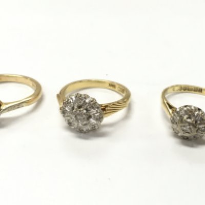 18ct gold diamond cluster rings , Size K, J/K, 10.4g total weight. Postage category A