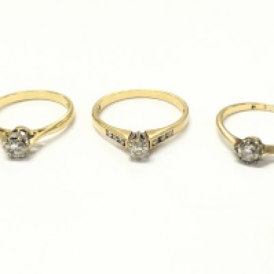 18ct gold diamond solitaire rings , 6.9g total weight. Size L, Q, M Postage category A