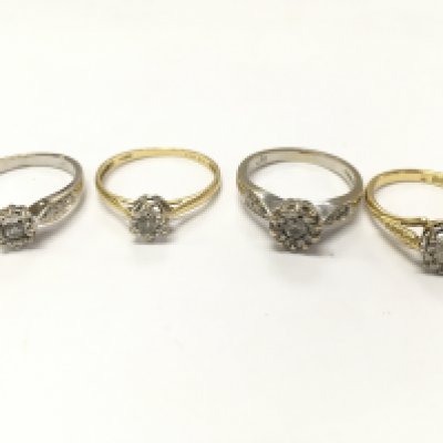 18ct gold diamond solitaire rings , size I, K, M 10.4g total weight. Postage category A