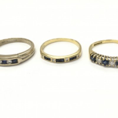 18ct gold rings sapphire and diamond 1/2 hoop rings . Sizes M, M, P 7.6g total weight