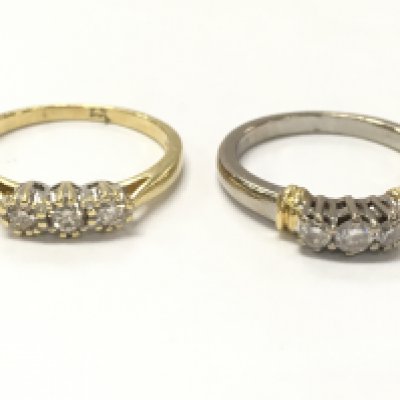 18ct gold 3 stone diamond rings , size O. 7.2g total weight. Postage category A