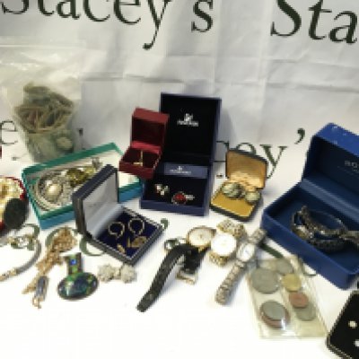 Jewellery including watches, necklaces, brooches, One pound notes, 9ct gold cufflinks and earrings etc