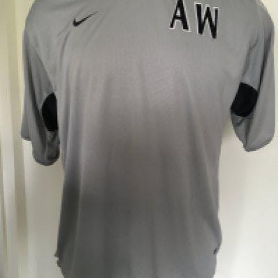 Arsene Wenger Arsenal Football Training Shirt: Grey short sleeve Nike top worn by Arsene at training sessions. Letters AW to front.