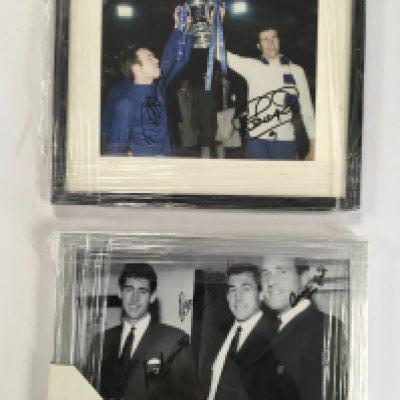 Chelsea + England Signed Framed Football Photos: England 1966 World Cup goalkeepers Bonetti, Springett and Banks together all signed and a 1970 picture of Osgood and Harris holding the FA Cup aloft both having signed. (2)
