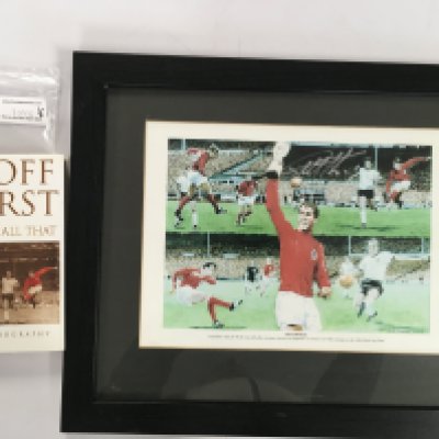 Geoff Hurst England Signed Book + Print: 1966 And All That hardback autobiography hand signed without dedication. C/W print of Hursts goals in the 1966 World Cup final signed by him in silver with COA. (2)