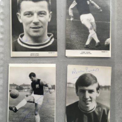 1960s West Ham Player Signed Football Postcards: Black and white individual postcards hand signed without dedication by Bobby Moore, Phil Woosnam, Trevor Brooking, John Sissons, Johnny Byrne, Geoff Hurst and Martin Peters. 8th one is signed by Hurst and Peters. 8 cards with 9 autographs.