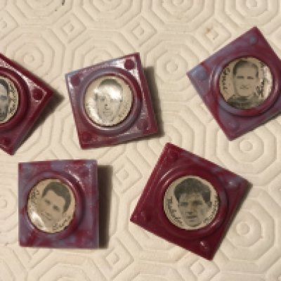 West Ham Late 50s Player Star Badges: Square badges in claret and blue with a face and name of a West Ham player. Includes Malcolm, Keeble, Musgrove, Gregory and Lewis. (5)