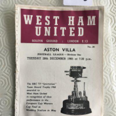 65/66 West Ham v Aston Villa Postponed Football Programme: Rare Programme dated 28 12 1965, is ex bound with pin holes all along spine which is nearly detached.