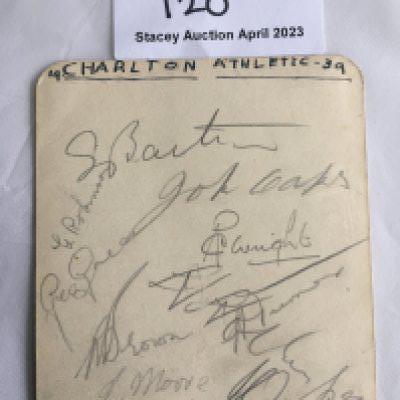 1939 Charlton Athletic Football Autographs: Removed from autograph book a page headed Charlton with autographs of Bartram, Wright and Moore. 10 autograph in pencil.