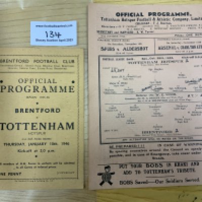 Tottenham v Brentford Football Programmes: 44/45 League match at Spurs and a 45/46 cup match at Brentford. Good. (2)