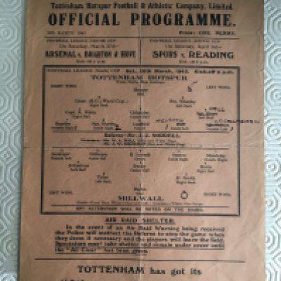 42/43 Tottenham v Millwall Football Programme: Fair condition single sheet cup match with team changes. Folding.