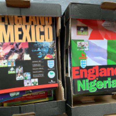 England Home Football Programmes: All large format from the 80s onwards in good condition. Instructions to sell. 94 in 2 boxes.