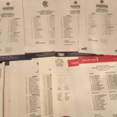Glasgow Rangers Football Team Sheets: Colour original team sheets with a few away in Europe. From 2001 to 2020 to include Scottish League, Cup, Tournaments and Friendlies. Only a few have team changes. C/W 4 European away tickets. Instructions to sell. (est 150)