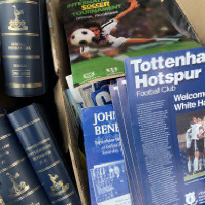 Tottenham Football Programme Boxes: Whilst modern home and aways with the odd youth match programme binder and harder to obtain to include 98/99 Man Utd away plus testimonials and tournaments. Worth a look. Instructions to sell. (2 boxes)