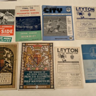 Football Programmes + Memorabilia: From 51/52 Leyton to modern Charity Shields including 1973 and 1988. Includes 1958 Five A Side, 1960 FA Cup Final, 1948 Olympics Closing Ceremony, 1947 Queens Wedding, 1953 Queens Coronation and much more. Box with instructions to sell.