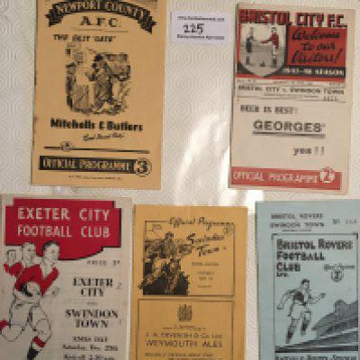 Swindon Town Away Football Programmes: Home v 49/50 Notts County and away to 47/48 Bristol City, 49/50 Bristol Rovers, 50/51 Newport + 54/55 Exeter with score to front. Good/very good unless stated. (5)