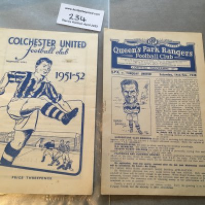 Torquay United Away Football Programmes: 47/48 QPR and 51/52 Colchester (rusty staples) Overall good. (2)