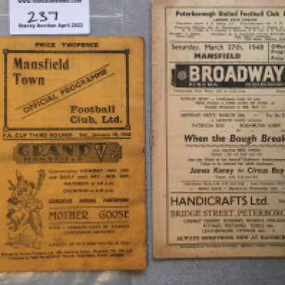 47/48 Mansfield Town Football Programmes: Home FA Cup v Stoke and a Midland League away match at Peterborough. Fair/good. (2)