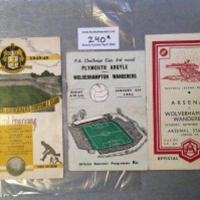 Wolverhampton Wanderers Football Programmes: 48/49 home v Man City and aways v 48/49 Arsenal + 50/51 Plymouth FA Cup. Good. (3)