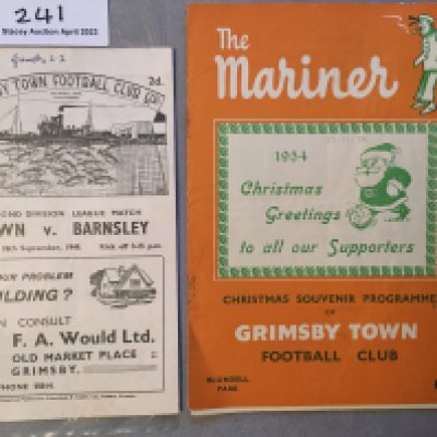 Grimsby Town v Barnsley Football Programmes: Home v 49/50 Barnsley score to cover + 54/55 staples rusted away. (2)
