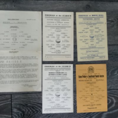 Local Match Programmes Played At Southend United: All single sheets without writing to include 48/49 Southend Borough v Southend District League. From possibly the same season Thurrock V Southend League Final, 58/59 Essex Police v Southend Youth Centre, Hollis/Duffy Test plus 61/62 two local finals on one sheet. Very good. (5)