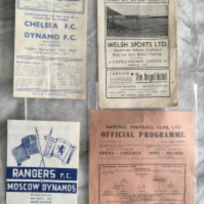 1945 Dynamo Moscow British Tour Programmes: Nice collection to include Cardiff Arsenal Rangers (replica) and Chelsea all in good condition. Newspaper report on the London matches. These matches were played to packed houses for the first visit to Britain by a Russian team.