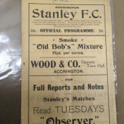 1921 - 1922 Accrington Stanley v Tranmere Rovers Football Programme: Very good condition with no team changes. Rusty staple holding firm and date written to cover. First season in the league for Accrington.