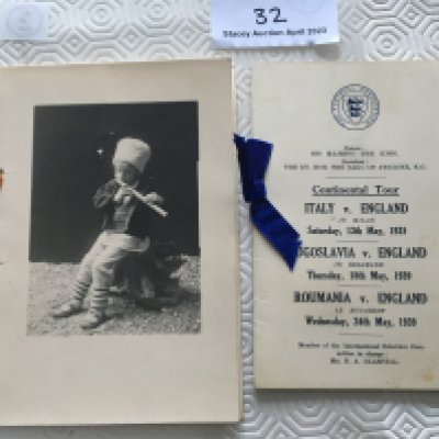 1939 England Player Football Tour Itineraries: Incredibly rare tour of Rumania in excellent condition and a previously stuck down itinerary which covers the complete tour of Italy, Yugoslavia and Rumania. Both have ribbons and information for the touring England party. C/W a small press photo of the match v Italy and information produced in 1939 by the FA regarding the tour. (4)