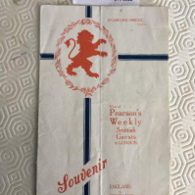 1913 England v Scotland Football Menu: Four page menu for match played at Chelsea on 5 4 1913. 110 year old menu has a 1.5 inch tear on fold. It acts not only as a menu but an itinerary for the Scotland touring party for the day and mentions times the Char a banc will pick them up etc. Both teams line ups also printed. Rare item with date of match and Stamford Bridge printed to front.