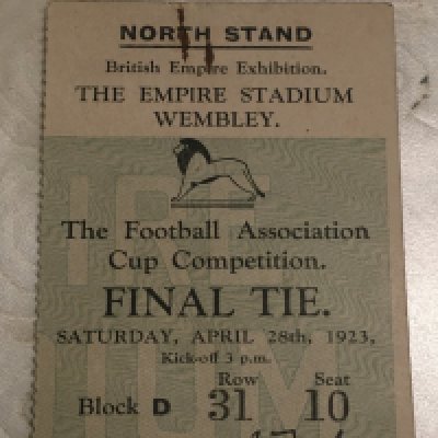 1923 FA Cup Final Football Ticket: Bolton Wanderers v West Ham original ticket in very good condition. Tiny mark at top where it used to be paper clipped into programme. Rare seat ticket as mainly standing 100 years ago.