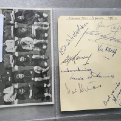 1951 England Football Team Autographs: Cream card headed 1951 England v Portugal with 9 autographs including Ramsey, Nicholson, Williams, Metcalfe, Lofthouse and Finney. C/W postcard size press photo with press stamp of the team signed to rear by Finney.