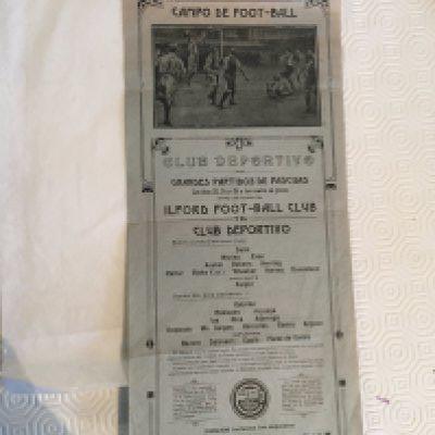 1913 Deportivo v Ilford Football Programme: Long single sheet with no team changes. At the top it depicts a goalmouth scene. Rare item from this pre First World War Ilford tour. Good with a few tiny tears at the top.