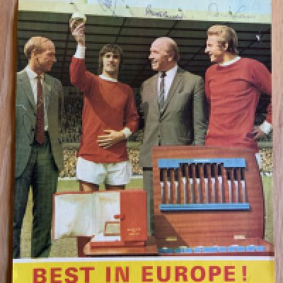 Manchester United Signed Legends Football Picture: A4 size magazine picture signed by all 4 pictured. Includes Denis Law George Best Matt Busby and Bobby Charlton.