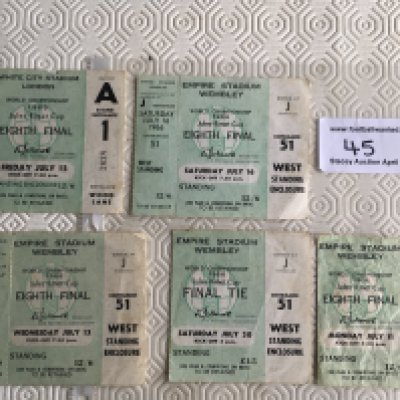 1966 World Cup Unused Football Tickets: Green unused tickets with counterfoils for France v Mexico, Uruguay v France and England v Mexico. C/W England v Uruguay creased and final England v West Germany both without counterfoils. (5)