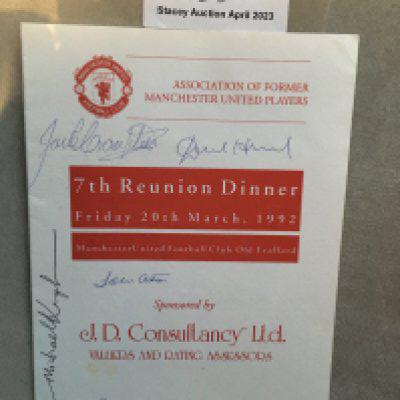 Manchester United 1992 Signed Dinner Menu: Association of Former Manchester United Players. Signed to front and inside by a host of Man Utd greats and guests undedicated in biro. Includes Busby Sadler Violet Herd Aston McShane and 26 others.