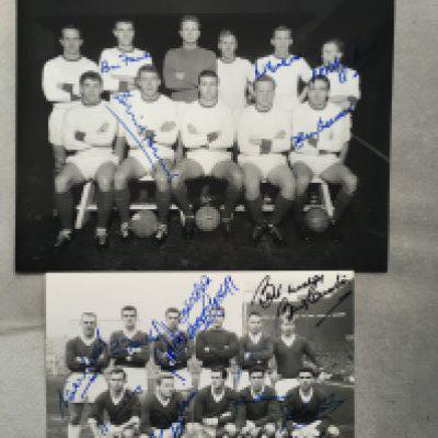Manchester Signed 1960s Football Team Photos: Genuine autographs collected by a friend of many of the players who we know ourselves. Black and white photos signed by 9 including Charlton Foulkes Gregg and Setters and a further signed by 5 including Stiles Crerand and Foulkes. (2)