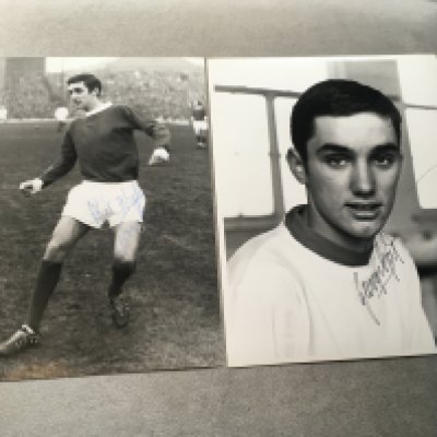 George Best Signed Manchester United Football Photos: Large black and white photos with genuine undedicated autographs. Both feature a young Best in home and away kits. (2)