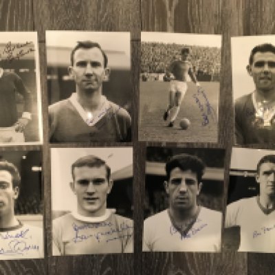 Manchester United 1960s Signed Photos: Individual black and white 8 x 6 inch photos hand signed without dedication by Charlton Muir Bradley Dawson Foulkes McMillan Sadler and Carolan the latter being a press photo. Collected by a friend of the players personally known to us. (8)
