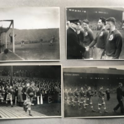 1945 Chelsea v Moscow Dynamo Football Press Photos: Original press photos with stamps and annotations. Features Dynamo being introduced to officials, Coming out the tunnel and match action with a great view of the Stamford Bridge ground. (4)