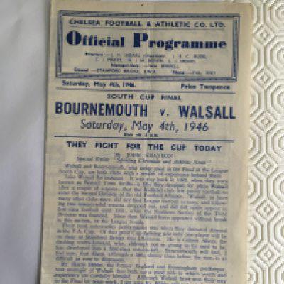 1946 South Cup Final Football Programme: Bournemouth v Walsall played at Chelsea. Four pager in excellent condition with no team changes.