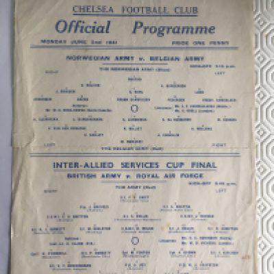 1941 Norway v Belgium Army Football Programme: Played at Chelsea. Single sheet with folding in good condition with no team changes. Doubles up as British Army v Royal Air Force.