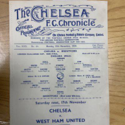 34/35 Chelsea v Brentford LCC Football Programme: Excellent condition ex bound single sheet with no team changes for the London Challenge Cup Semi Final. Dated 12 11 1934.