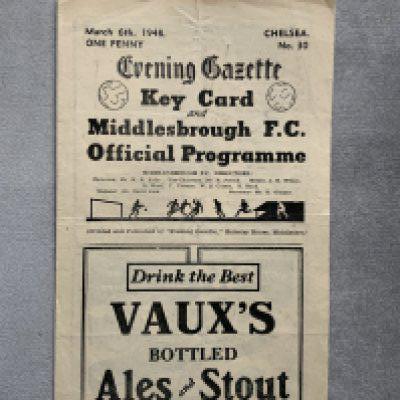 47/48 Middlesbrough v Chelsea Football Programme: Fair condition 4 pager with no team changes for league match. Light fold and tiny tape mark inside. C/W Chelsea away at Derby from the same season. (2)