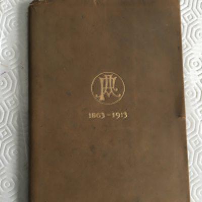 Football Association Jubilee Banquet Menu 1863 - 1913: 50 year anniversary held at The Kings Hall Holborn London. Leather bound in depth menu with vast list of guests inside the 28 page booklet. Each guest had their name embossed to cover.